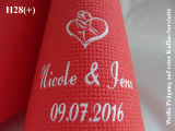 Eleg.-Kaffee-Servietten rot, bedruckt mit weißer Prägung und Hochzeits-Motiv: H28+ (Brautpaar im Herz)