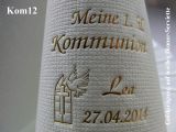 Eleg.-Dinner-Servietten weiß, bedruckt mit Goldprägung und Kommunion-Motiv: Kom12 (Taube am Kirchenfenster)