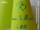 Eleg.-Kaffee-Servietten hellgrün, bedruckt mit Grünmetallicprägung und Hochzeits-Motiv: H20+ (Doppelherzen)