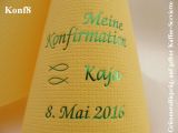 Eleg.-Kaffee-Servietten gelb, bedruckt mit Grünmetallicprägung und Konfirmations-Motiv: Konf8 (Ichthys/Fische)