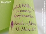 Eleg.-Kaffee-Servietten hellgrün, bedruckt mit Lilametallicprägung und Konfirmations-Motiv: Konf19Z (Taube im Baum/Zwillinge)