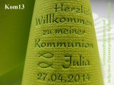 Eleg.-Kaffee-Servietten hellgrün, bedruckt mit Grünmetallicprägung und Kommunion-Motiv: Kom13 (Fische/Ichthys)