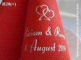 Eleg.-Kaffee-Servietten rot, bedruckt mit Silberprägung und Hochzeits-Motiv: H20+ (Herzsymbol)