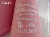 Eleg.-Kaffee-Servietten rosa/altrosa, bedruckt mit weißer Prägung und Kommunion-Motiv: Kom4+ (betende Hände)