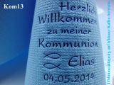 Eleg.-Kaffee-Servietten hellblau, bedruckt mit Blaumetallicprägung und Kommunion-Motiv: Kom13 (Fische/Ichthys))