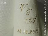 Eleg.-Kaffee-Servietten champagner, bedruckt mit Goldprägung und Hochzeits-Motiv: H24 (Initialien)