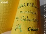 Eleg.-Kaffee-Servietten gelb, bedruckt mit Grünmetallicprägung und Geburtstags-Motiv: Geb20 (Gläser)