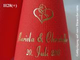 Eleg.-Dinner-Servietten rot, bedruckt mit Goldprägung und Hochzeits-Motiv: H28+ (Brautpaar mit Herz)