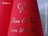 Eleg.-Dinner-Servietten rot, bedruckt mit Goldprägung und Hochzeits-Motiv: H20+ (Doppelherzen)