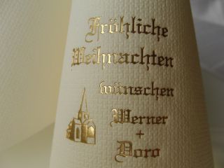 Eleg.-Dinner-Servietten champagner, bedruckt mit Goldprägung und Weihnachts-Motiv: W13 (Kirche)
