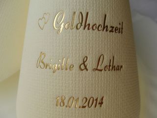 Eleg.-Kaffee-Servietten champagner, bedruckt mit Goldprägung und Goldhochzeits-Motiv: G7 (Herzen).