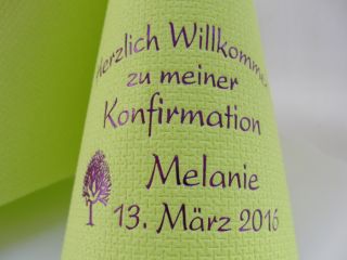 Eleg.-Kaffee-Servietten hellgrün, bedruckt mit Lilametallicprägung und Konfirmations-Motiv: Konf19 (Taube im Baum)