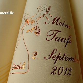 Dunicel-Dinner-Servietten beige (champagner), bedruckt mit Kupfermetallicprägung und Tauf-Motiv: T4 (fliegender Storch)