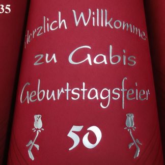 Dunicel-Dinner-Servietten bordeaux, bedruckt mit Silberprägung (matt) und Geburtstags-Motiv: Geb35 (Zahl zw.2 Rosen)