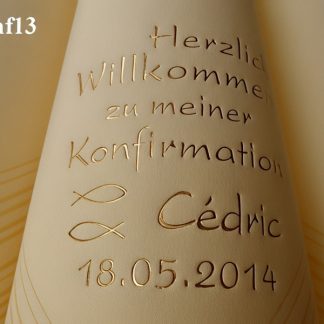 Dunicel-Dinner-Servietten beige (champagner), bedruckt mit Goldprägung und Konfirmations-Motiv: Konf13 (Fische)