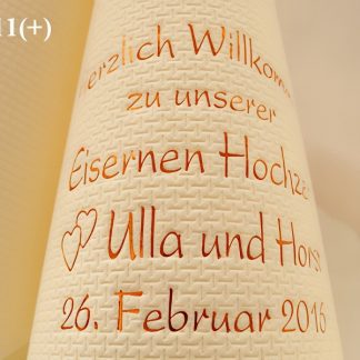 Eleg.-Kaffee-Servietten champagner, bedruckt mit Kupferprägung und Motiv Eiserne Hochzeit: EH11+ (Herzen)