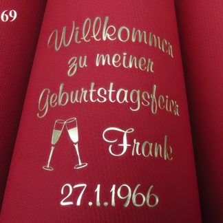 Dunilin-Dinner-Servietten bordeaux, bedruckt mit Goldprägung und Geburtstags-Motiv: Geb69 (Sektgläser)
