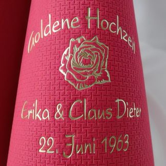 Eleg.-Dinner-Servietten bordeaux, bedruckt mit Goldprägung und Goldhochzeits-Motiv: G9 (Rosenblüte)