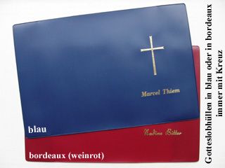 Gotteslobhülle blau oder bordeaux, Prägung gold, immer mit Kreuz