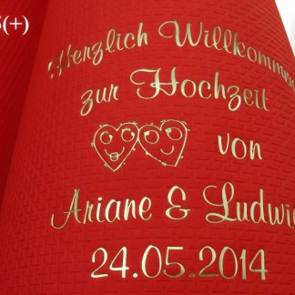Eleg.-Kaffee-Servietten rot, bedruckt mit Goldprägung und Hochzeits-Motiv: H25+ (Doppelherzen)