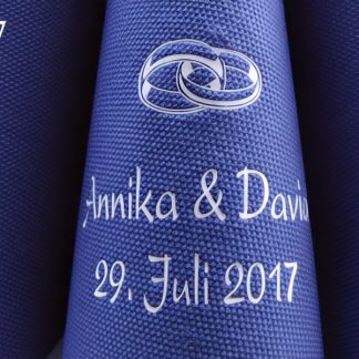 Dunilin-Dinner-Servietten dunkelblau, bedruckt mit weißer Prägung und Hochzeits-Motiv H27 (verschlungene Ringe)