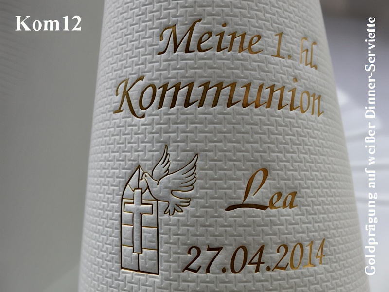 Eleg.-Dinner-Servietten weiß, bedruckt mit Goldprägung und Kommunion-Motiv: Kom12 (Taube am Kirchenfenster)