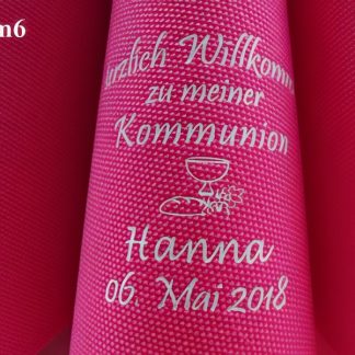 Dunilin-Dinner-Servietten fuchsia, bedruckt mit weißer Prägung und Kommunions-Motiv: Kom6 (Weinkelch)