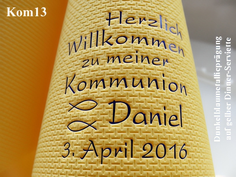 Eleg.-Dinner-Servietten gelb, bedruckt mit Dunkelblaumetallicprägung und Kommunion-Motiv: Kom13 (Fische/Ichthys)