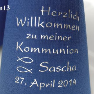 Eleg.-Kaffee-Servietten dunkelblau, bedruckt mit Silberprägung und Kommunion-Motiv: Kom13 (Fische)