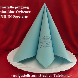 Dunilin-Dinner-Servietten mint blue bedruckt mit weißer Prägung und aufgestellt zum 3-fachen Tafelspitz,Kommunions-Motiv: Kom9(+) (Brot&Weinkelch)