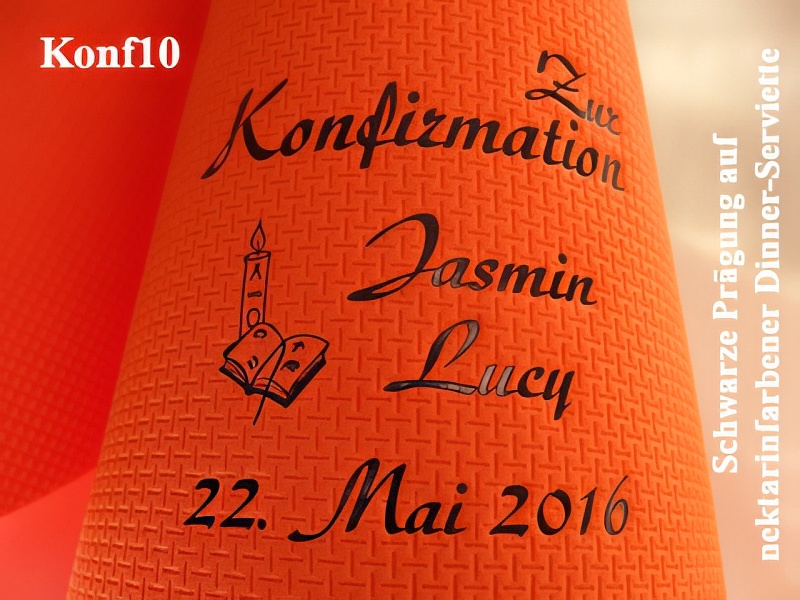 Eleg.-Dinner-Servietten nektarine, bedruckt mit schwarzer Prägung und Konfirmations-Motiv: Konf10 (Kerze/Bibel)