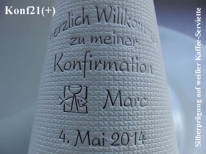 Eleg.-Kaffee-Servietten weiß, bedruckt mit Silberprägung und Konfirmations-Motiv: Konf21+ (Kelch/Fisch)