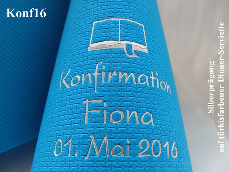 Eleg.-Dinner-Servietten türkis, bedruckt mit Silberprägung und Konfirmations-Motiv: Konf16 (Bibel)