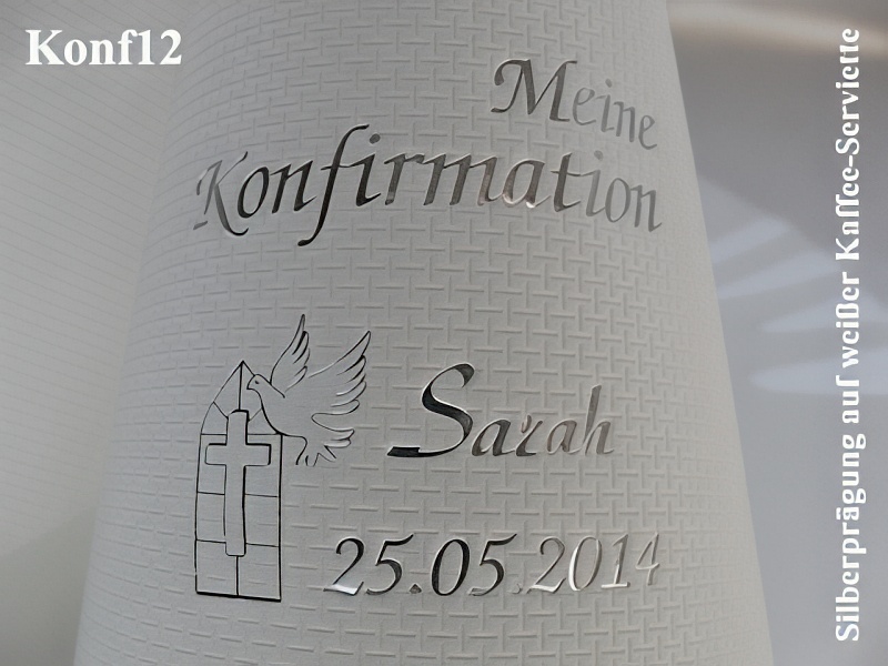 Eleg.-Kaffee-Servietten weiß, bedruckt mit Silberprägung und Konfirmations-Motiv: Konf12 (Taube am Fenster)