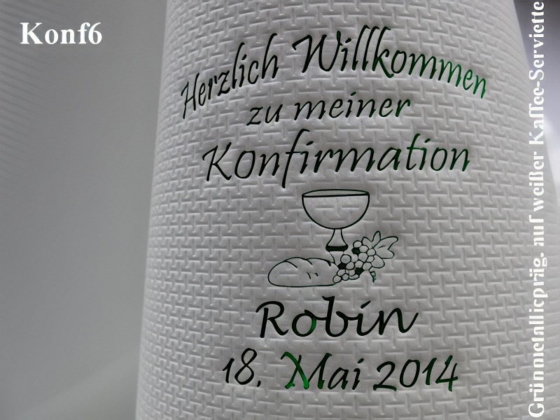 Eleg.-Kaffee-Servietten weiß, bedruckt mit Grünmetallicprägung und Konfirmations-Motiv: Konf6 (Brot/Traube/Kelch)