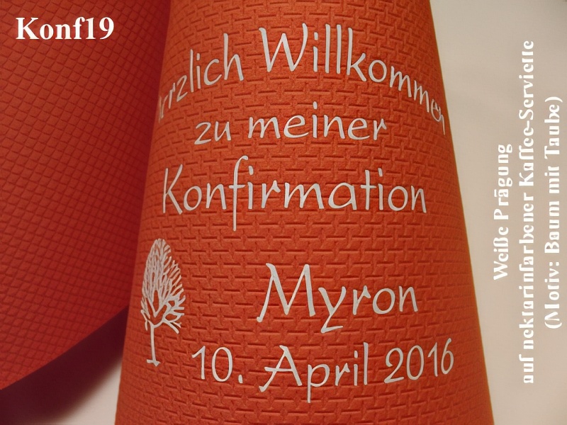 Eleg.-Kaffee-Servietten nektarine, bedruckt mit weißer Prägung und Konfirmations-Motiv: Konf19 (Taube im Baum)