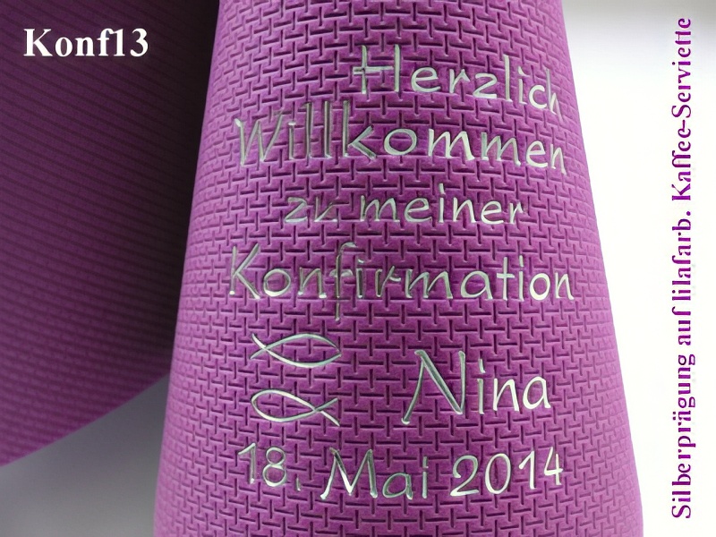 Eleg.-Kaffee-Servietten lila, bedruckt mit Silberprägung und Konfirmations-Motiv: Konf13 (Fische/Ichthys)