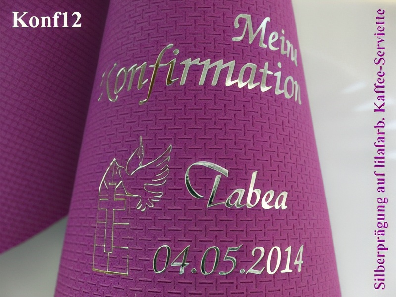 Eleg.-Kaffee-Servietten lila, bedruckt mit Silberprägung und Konfirmations-Motiv: Konf12 (Taube am Fenster)