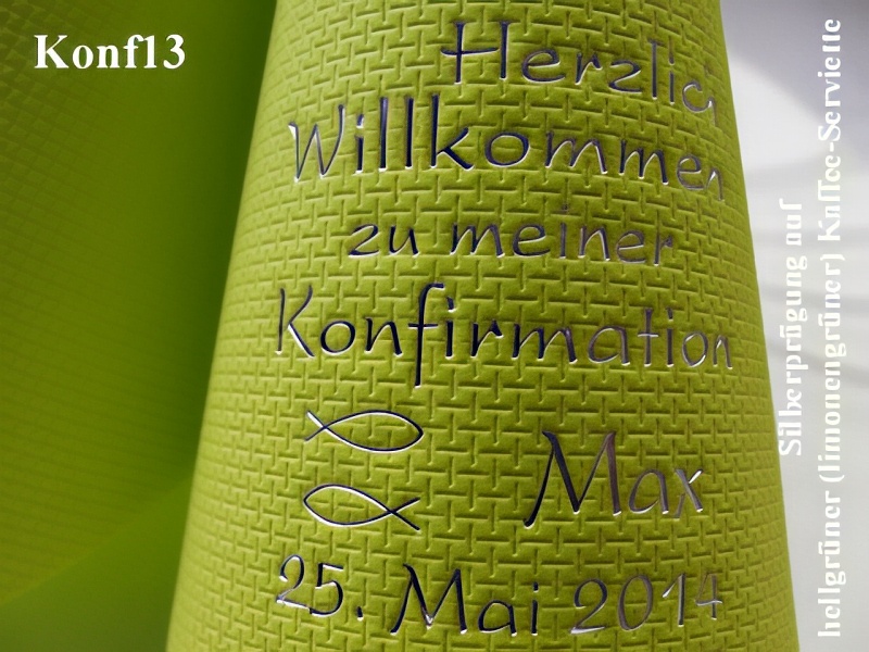 Eleg.-Kaffee-Servietten hellgrün, bedruckt mit Silberprägung und Konfirmations-Motiv: Konf13 (Fische/Ichthys)