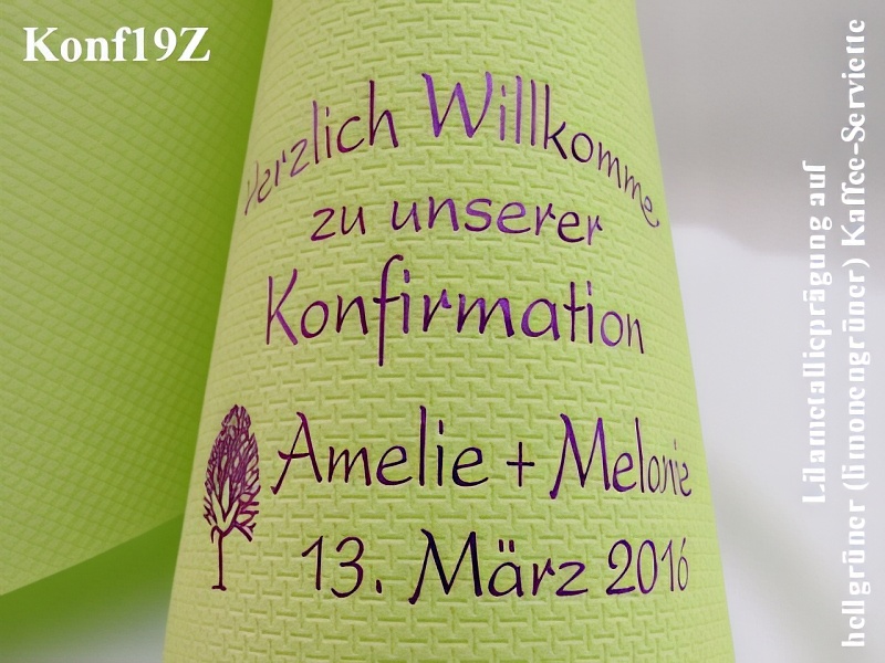 Eleg.-Kaffee-Servietten hellgrün, bedruckt mit Lilametallicprägung und Konfirmations-Motiv: Konf19Z (Taube im Baum/Zwillinge)