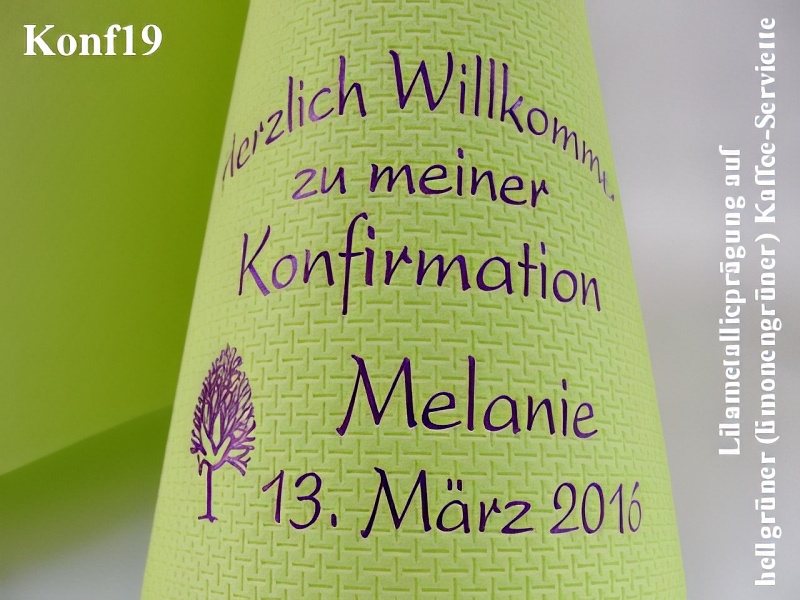 Eleg.-Kaffee-Servietten hellgrün, bedruckt mit Lilametallicprägung und Konfirmations-Motiv: Konf19 (Taube im Baum)
