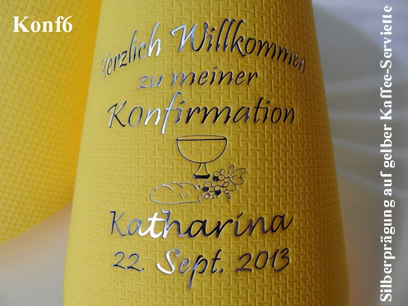 Eleg.-Kaffee-Servietten gelb, bedruckt mit Silberprägung und Konfirmations-Motiv: Konf6 (Brot/Traube/Kelch)