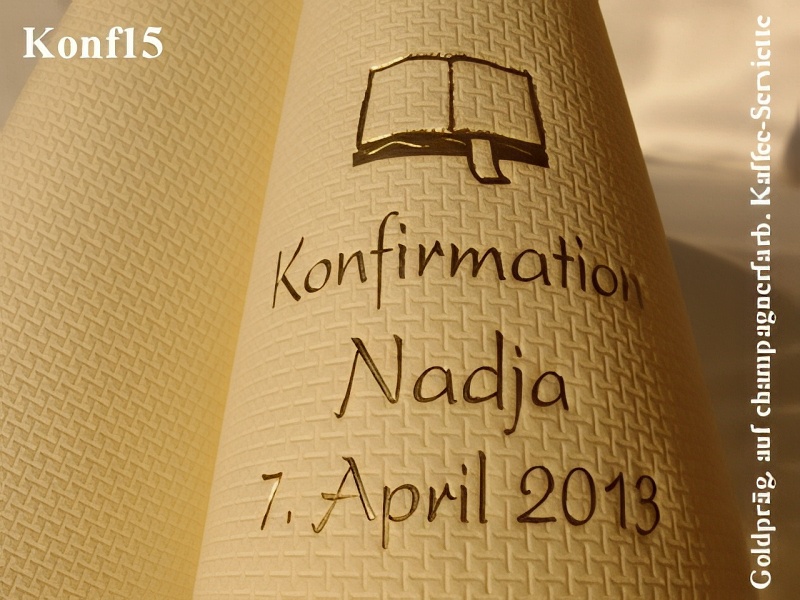 Eleg.-Kaffee-Servietten champagner, bedruckt mit Goldprägung und Konfirmations-Motiv: Konf15 (Gebetbuch)