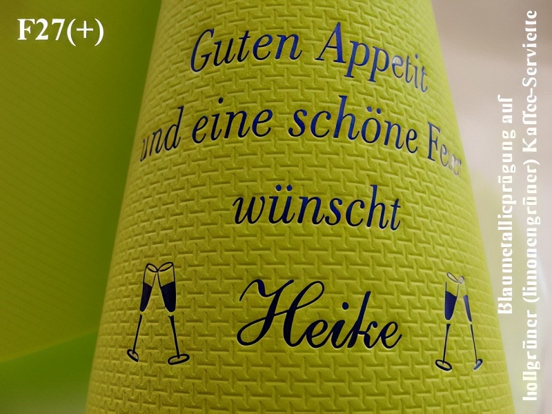 Eleg.-Kaffee-Servietten hellgrün, bedruckt mit Blaumetallicprägung und Motiv Party/Feier: F27+ (Guten Appetit ...)