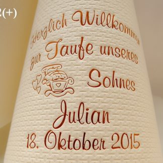 Eleg.-Kaffee-Servietten champagner, bedruckt mit Kupferprägung und Tauf-Motiv: T22+ (Wiege)