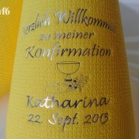 Eleg.-Kaffee-Servietten gelb, bedruckt mit Silberprägung und Konfirmations-Motiv: Konf6 (Brot/Traube/Kelch) Eleg.-Kaffee-Servietten gelb, bedruckt mit Silberprägung und Konfirmations-Motiv: Konf6 (Brot/Traube/Kelch)